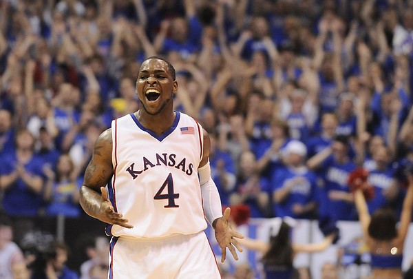 Kansas guard Sherron Collins smiles after drilling a three-pointer against Missouri during the first half Sunday, March 1, 2009 at Allen Fieldhouse.