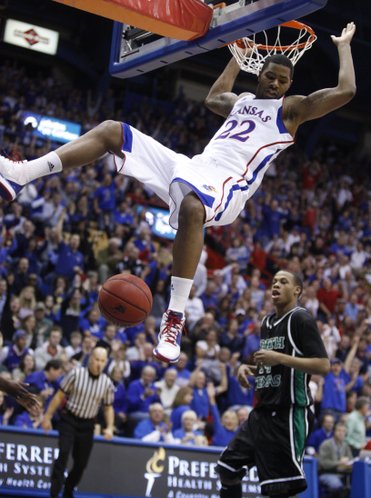 Kansas forward Marcus Morris comes down from a dunk against North Texas during the second half Friday, Nov 19, 2010 at Allen Fieldhouse.