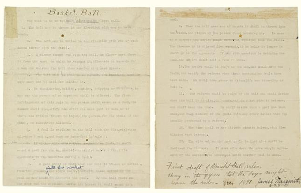 A photo of the original rules of "Basket Ball," written by James Naismith and sold at auction Dec. 10, 2010. The rules sold for $4.34 million.