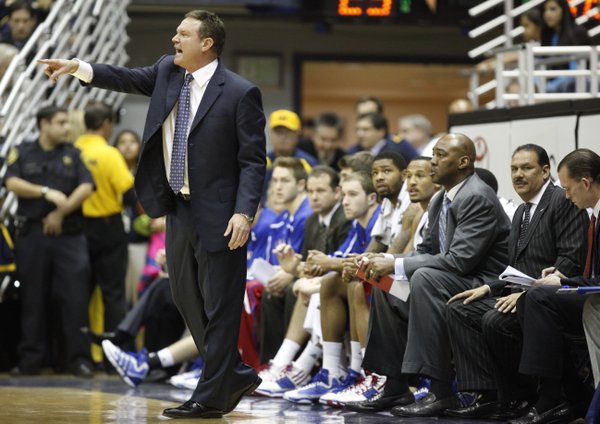 Kansas head coach Bill Self screams at his defense during the first half, Wednesday, Dec. 22, 2010 at Haas Pavilion in Berkeley, California.