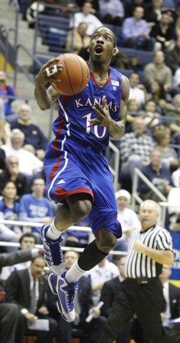 Kansas guard Tyshawn Taylor elevates for a bucket against Cal during the second half, Wednesday, Dec. 22, 2010 at Haas Pavilion in Berkeley, California.