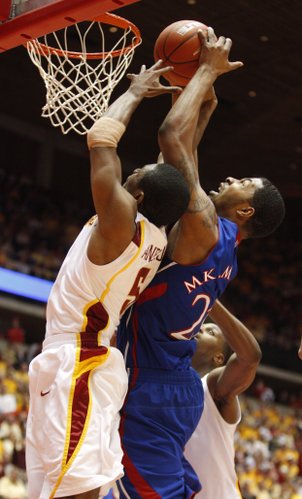 Kansas forward Markieff Morris fights for a rebound with Iowa State guard Darion Anderson during the second half on Wednesday, Jan. 12, 2011 at Hilton Coliseum in Ames, Iowa.