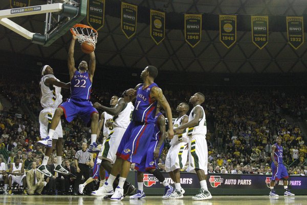 Kansas forward Marcus Morris delivers a jam on the Baylor defense during the first half on Monday, Jan. 17, 2011 at the Ferrell Center in Waco, Texas.