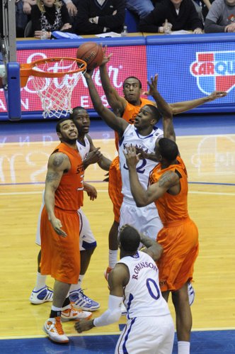 Kansas guard Josh Selby (32) shoots against Oklahoma State during the second half Monday, Feb. 21, 2011 at Allen Fieldhouse.