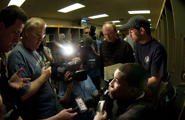 Kansas forward Thomas Robinson talks with media members in the team locker room on Saturday, March 26, 2011 at the Alamodome in San Antonio.