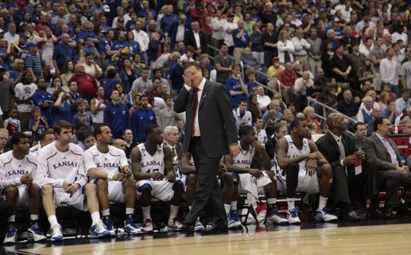 Kansas head coach Bill Self walks the sideline during the second half of KU's loss to Virginia Commonwealth Sunday, March 27, 2011 at the Alamodome in San Antonio.
