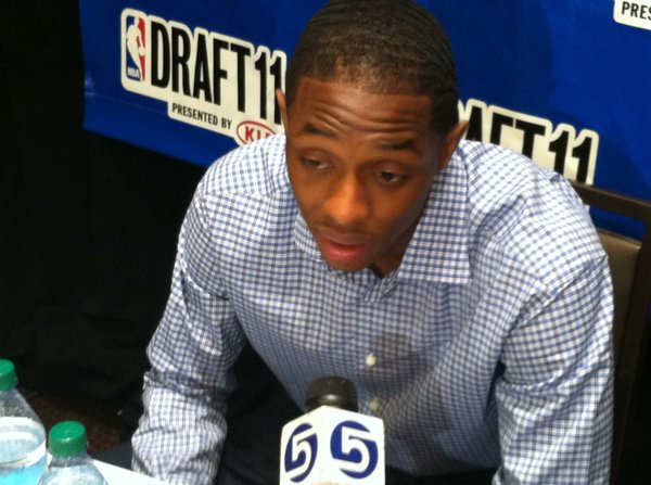 Kentucky guard Brandon Knight speaks with reporters at the 2011 NBA Draft media day Wednesday, June 22, 2011 in New York.