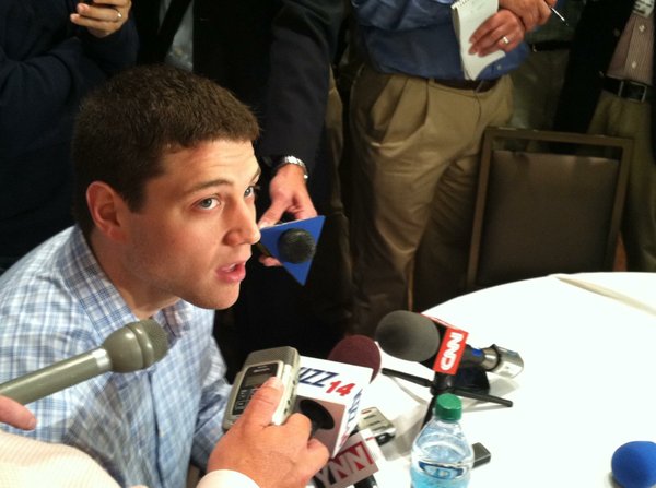 Jimmer Fredette speaks with the media at an NBA Cares event in New York on Wednesday, June 22, the day before the 2011 NBA draft.