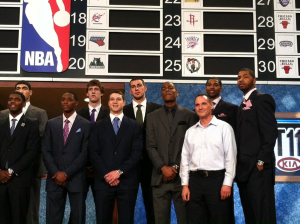 Potential NBA draft picks pose for a photo on stage before the 2011 draft Thursday, June 23 in New Jersey.