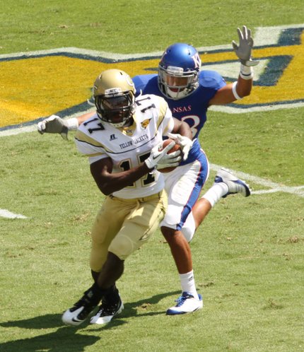 Kansas defender Tyler Patmon comes in to tackle Georgia Tech's Orwin Smith in the first half Saturday, Sept. 17, 2011 in Atlanta.