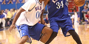 Darrell Arthur guards Paul Pierce at the Legends of the Phog alumni game Saturday, Sept. 24, 2011 at Allen Fieldhouse.