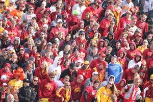 A lone Kansas fan bides his time in a sea of Iowa State fans during the second quarter on Saturday, Nov. 5, 2011 at Jack Trice Stadium in Ames, Iowa.