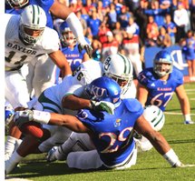 Kansas running back James Sims stretches the ball across the goal line for a touchdown against Baylor on Saturday, Nov. 12, 2011 at Memorial Stadium.