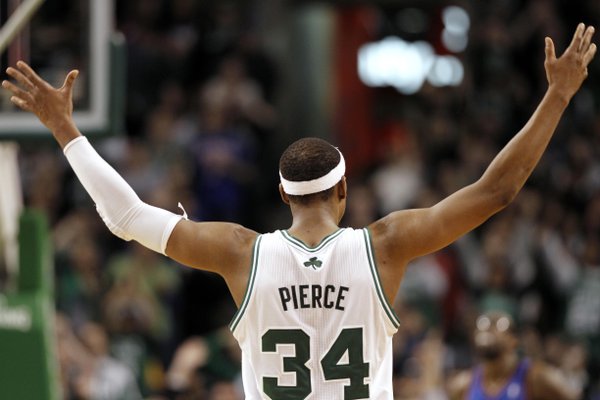 Boston Celtics' Paul Pierce celebrates during the second half of Boston's 91-89 win over the New York Knicks in an NBA basketball game in Boston Friday, Feb. 3, 2012. 