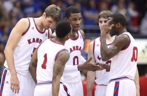 Kansas forward Thomas Robinson pulls his teammates together during the first half on Saturday, Feb. 11, 2012 at Allen Fieldhouse.