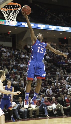 Elijah Johnson (15) breaks free down the middle for a layup during the second half of the Jayhawks 66-58 win over the Aggies of Texas A&M, Wednesday, February 22, 2012,  in College Station, TX. Johnson scored a team high 21 points.