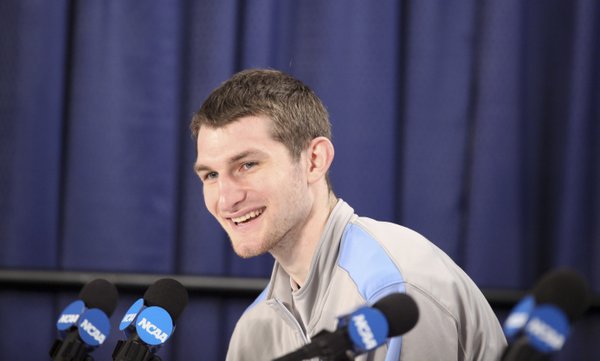 North Carolina forward Tyler Zeller smiles as he talks about facing the Kansas big men during a press conference on Saturday, March 24, 2012 at the Edward Jones Dome in St. Louis.