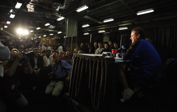 Kansas head coach Bill Self takes questions during breakout interviews at the Superdome in New Orleans on Thursday, March 29, 2012.
