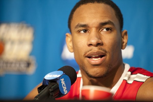 Ohio State forward Jared Sullinger talks about his regret for not playing the Jayhawks at Allen Fieldhouse when the two teams met earlier this year, Thursday, March 29, 2012.