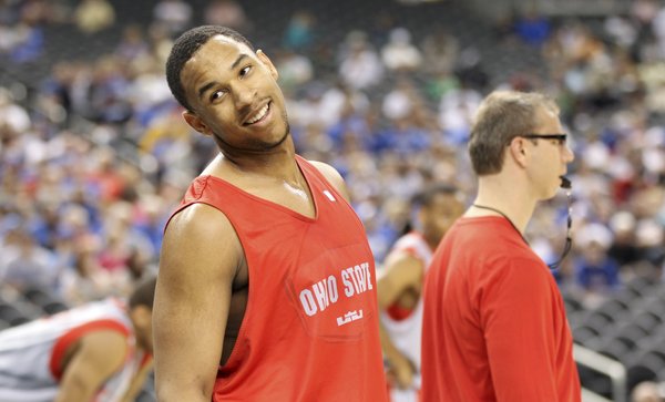 Ohio State forward Jared Sullinger turns to his teammates after missing a layup during a day of practices at the Superdome on Friday, March 30, 2012.
