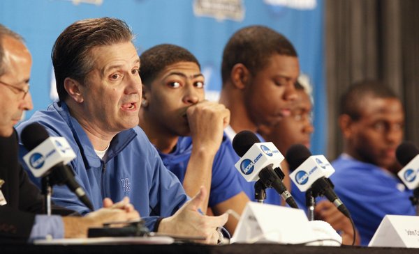 Kentucky head coach John Calipari responds to a question about his thougts on meeting Bill Self and the Jayhawks again in the national title game during a press conference on Sunday, April 1, 2012 at the Superdome.