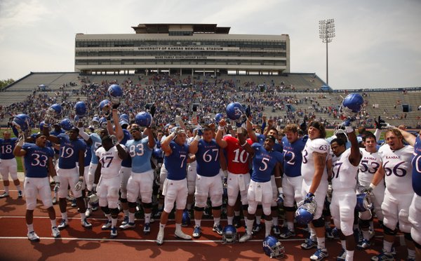 The Jayhawks sing the Alma Mater before the band and the student section following the Spring Game on Saturday, April 28, 2012 at Kivisto Field.