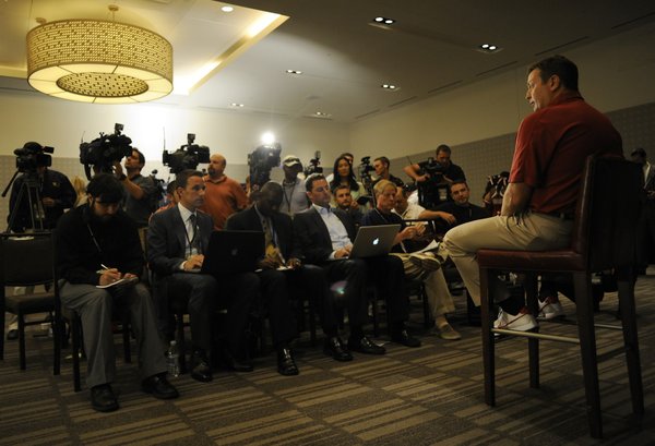 Oklahoma coach Bob Stoops answers questions at Big 12 Media Days on Monday, July 23, 2012, in Dallas.