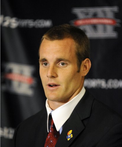 Kansas quarterback Dayne Crist speaks during the Big 12 college football media days on Tuesday, July 24, 2012, in Dallas.