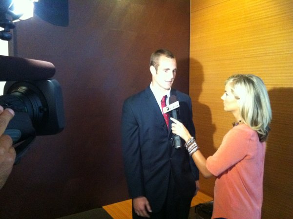 Kansas quarterback Dayne Crist talks to ESPN's Samantha Steele during an interview at Big 12 media days on Tuesday in Dallas.