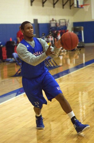 Kansas University freshman Ben McLemore scrimmages with his KU teammates on Saturday, August 4, 2012, at the Jayhawks’ practice facility near Allen Fieldhouse. McLemore tweaked a hip-flexor early in the practice, but should be ready to play when KU begins its European exhibition on Tuesday.