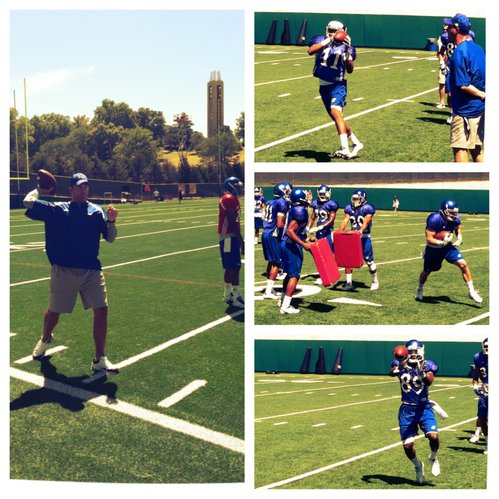KU quarterbacks coach Ron Powlus works with his QBs, while wideouts (from top to bottom), Tre Parmalee, Kale Pick and JaCorey Shepherd run through drills at Sunday's practice. 