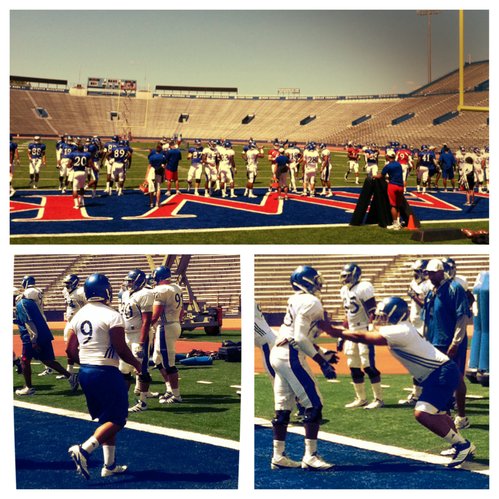 Friday's practice took place at Memorial Stadium, where newcomer Jordan Tavai (bottom two photos) made his first official appearance as a Jayhawk. 