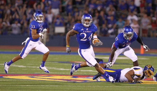 Kansas safety Bradley McDougald takes off up the field after an interception in the third quarter against South Dakota State, Saturday, September 1, 2012 at Memorial Stadium.