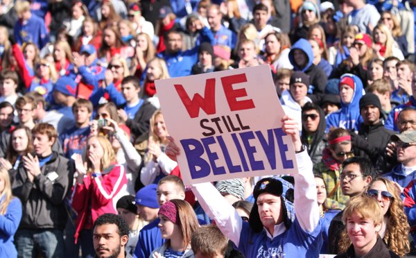 A Kansas fan expresses the sentiments of some of those remaining following the Jayhawks' heartbreaking 21-17 loss to Texas on Saturday, Oct. 27, 2012 at Memorial Stadium.