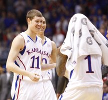 Kansas guard Tyler Self is congratulated by his teammates after a bucket against Colorado during the second half on Saturday, Dec. 8, 2012 at Allen Fieldhouse.
