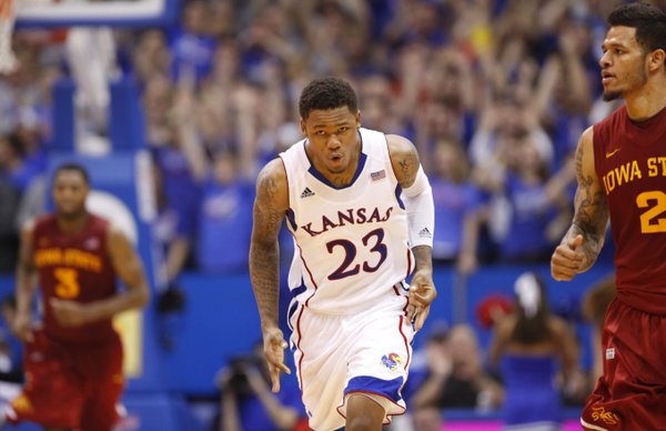 Kansas guard Ben McLemore celebrates after drilling a three to start overtime against Iowa State on Wednesday, Jan. 9, 2013 at Allen Fieldhouse.