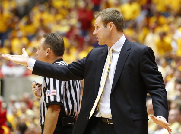 Iowa State head coach Fred Hoiberg pleads with an official during the second half on Monday, Feb. 25, 2013 at Hilton Coliseum in Ames, Iowa.