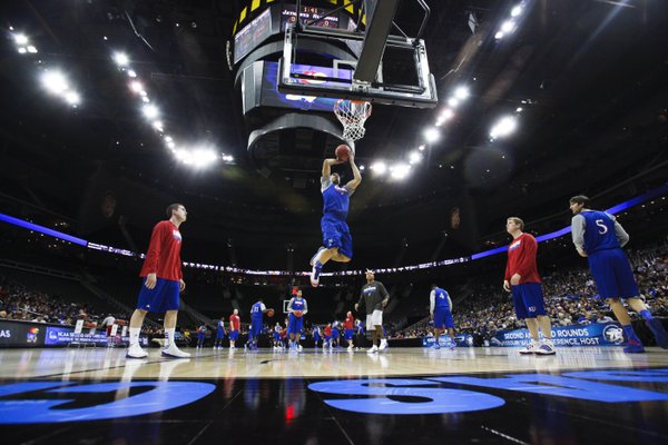 Kansas forward Perry Ellis gets up for a jam during the Jayhawks' practice on Thursday, March 22, 2013 at the Sprint Center in Kansas City, Mo.