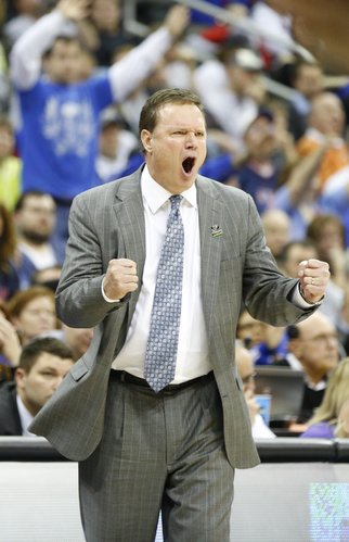 Kansas head coach Bill Self encourages toughness from his players down the stretch against Western Kentucky in the second half on Friday, March 22, 2013 at the Sprint Center in Kansas City, Mo.
