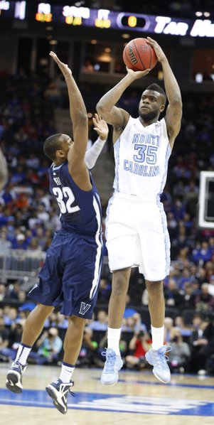 North Carolina guard Reggie Bullock pulls up for a three over Villanova guard James Bell during the first half on Friday, March 22, 2013 at the Sprint Center in Kansas City, Mo.
