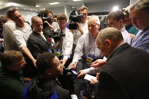 Kansas guard Ben McLemore takes questions from media members during a day of practices and press conference for teams in the South Regional at Cowboys Stadium in Arlington, Texas on Thursday, March 28, 2013.
