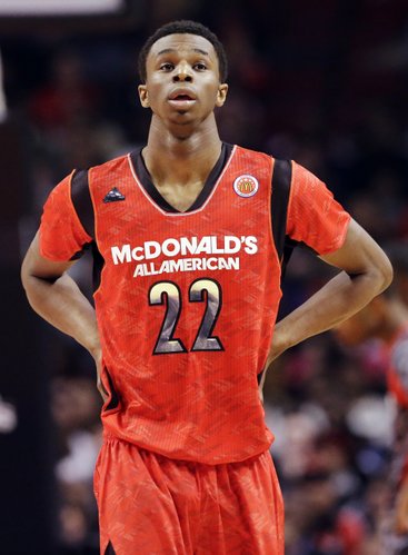 McDonald's East All-American's Andrew Wiggins looks up during the first half of the McDonald's All-American boys basketball game in Chicago, Wednesday, April 3, 2013.