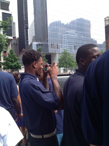 Ben McLemore takes a photo of the 9/11 Memorial. Photo by Matt Tait.