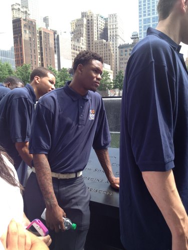 Ben McLemore listens to stories about the terrorist attacks if Sept. 11, 2001 during Wednesday's NBA Cares outing to the 9/11 Memorial. Photo by Matt Tait.