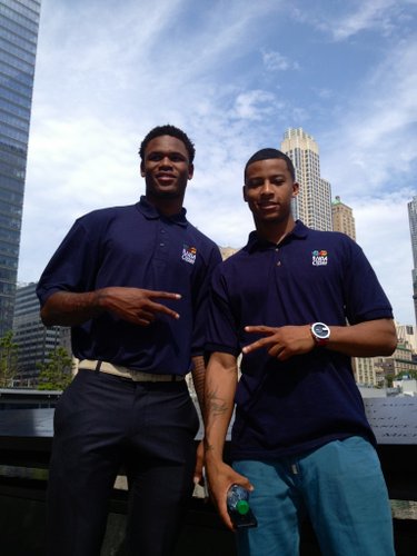 Ben McLemore and Michigan's Trey Burke pose for a photo at the 9/11 Memorial in New York City. Several members of the 2013 NBA Draft class toured the grounds Wednesday and interacted with family members of several victims of the terrorist attacks from Sept. 11, 2001. Photo by Matt Tait.