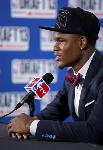 Kansas' Ben McLemore, picked by the Sacramento Kings in the first round of the NBA basketball draft, talks to reporters Thursday, June 27, 2013, in New York.