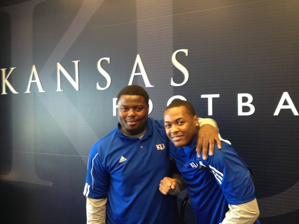Kansas University defensive tackle Marquel Combs, left, and linebacker Marcus Jenkins-Moore, juco teammates at Pierce College, are leaning on each other in their first season at KU. The pair hope to reunite on the field next season, when Jenkins-Moore will return from a knee injury.