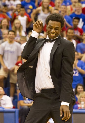 Andrew Wiggins shows off some dance moves during Late Night in the Phog Friday at Allen Fieldhouse.