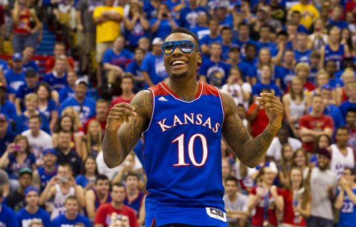 Naadir Tharpe  shows off some dance moves during Late Night in the Phog Friday at Allen Fieldhouse.