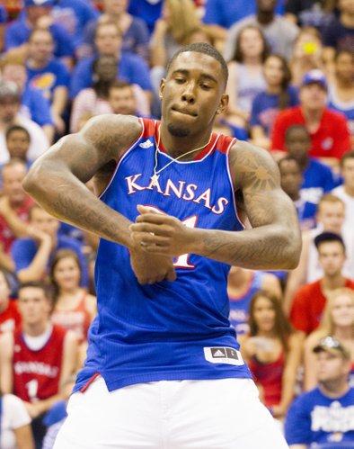 Jamari Traylor shows off some dance moves during Late Night in the Phog Friday at Allen Fieldhouse.